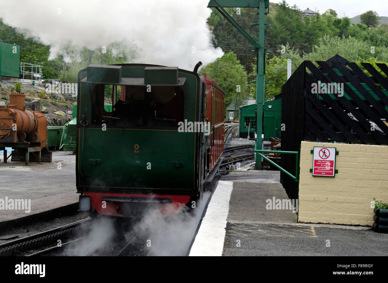 Steam powered train on the Snowdon Mountain Railway at the station in Llanberis, North Wales. Stock Photo