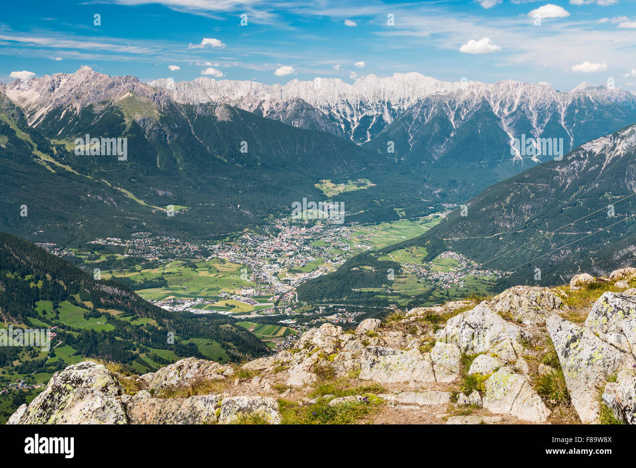 View from the Sechszeiger to Imst and the Inn Valley in Austria Stock Photo
