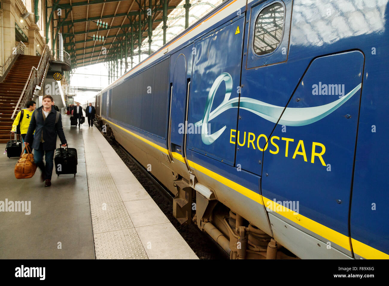 Passengers arriving at the Gare du Nord, Paris on a Eurostar train from St. Pancras, London; Gare du Nord train station, Paris France Stock Photo