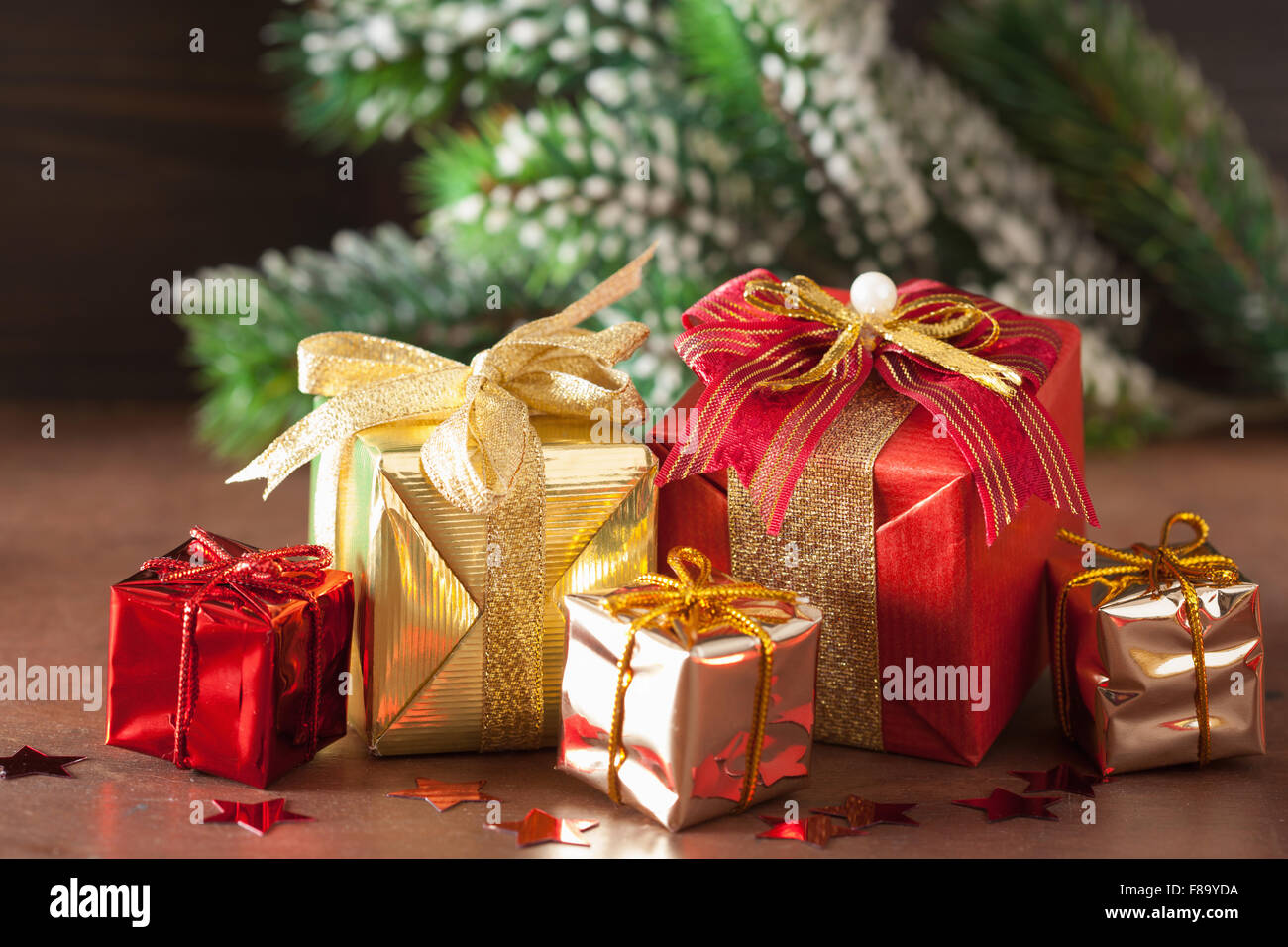 red and golden christmas gift boxes and decoration Stock Photo