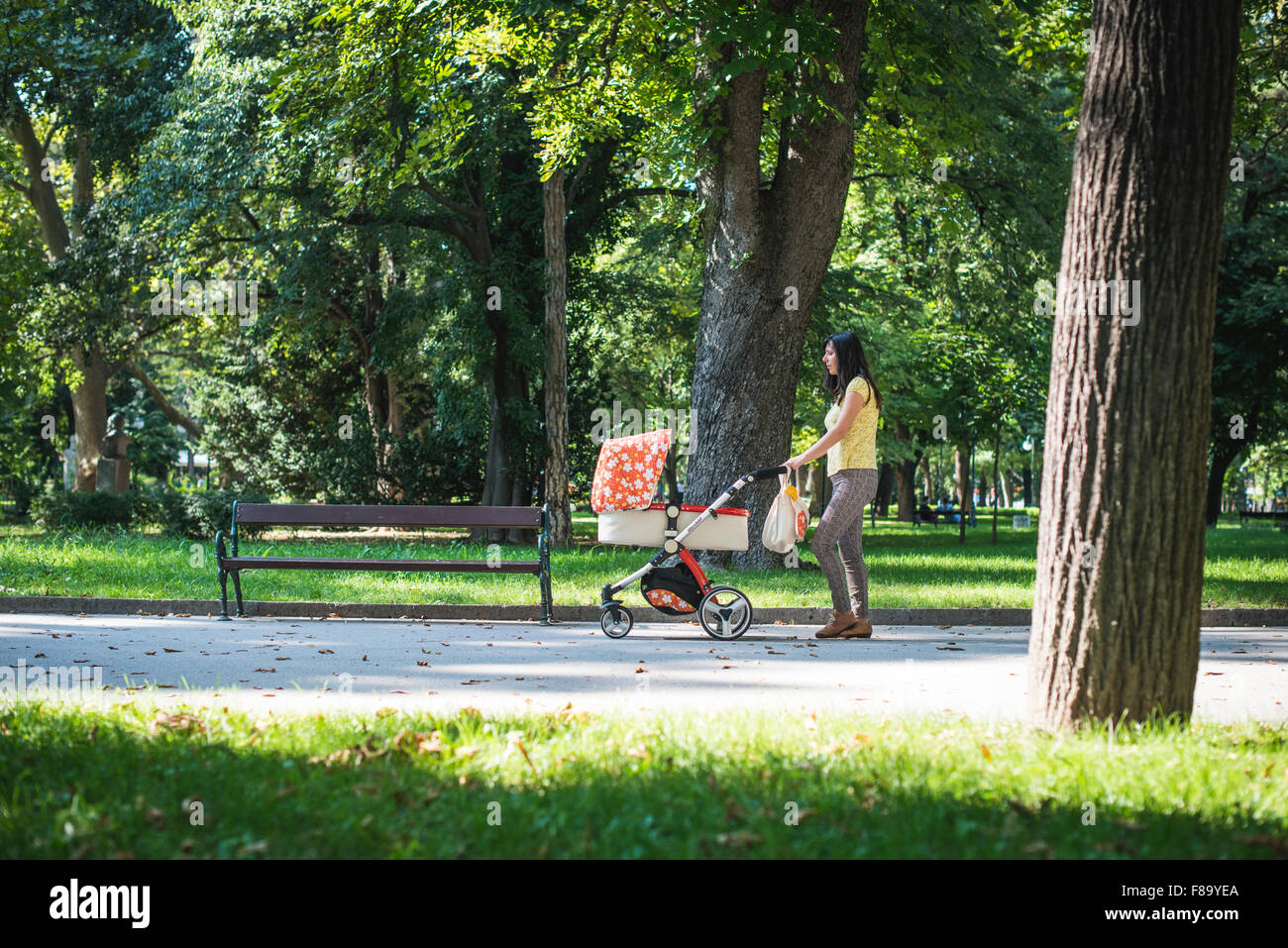 Mother walking in the park with baby buggy. Sunny day Stock Photo