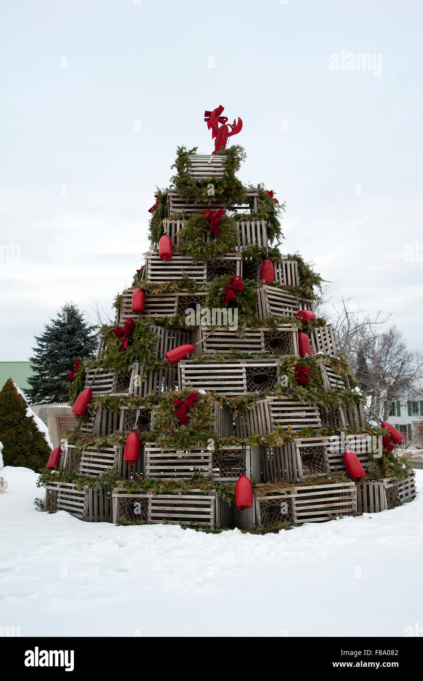 Maine holiday tree made of old lobster traps and fishing gear to honor local fishermen. This tradition is found all over the New England coastline. Stock Photo