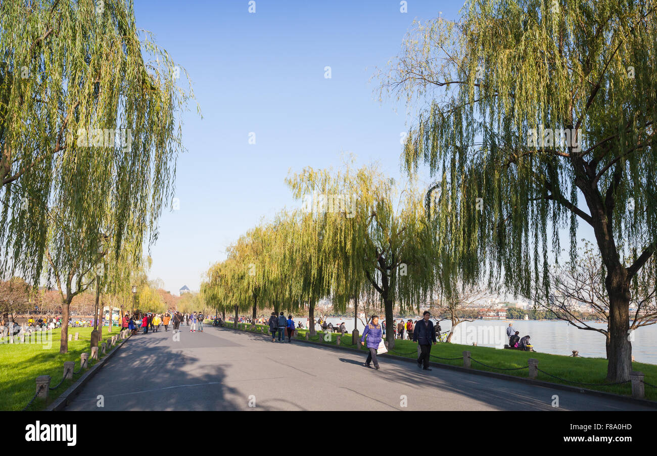 Hangzhou, China - December 5, 2014: Willow alley on the West Lake coast. Ordinary people walking in famous park in Hangzhou city Stock Photo