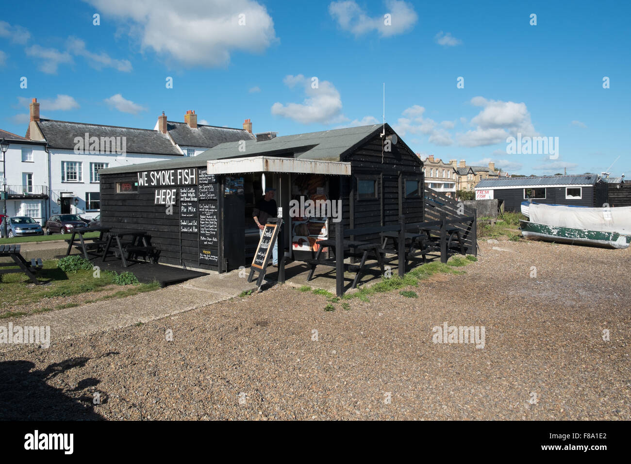 Smoked fish shop on the beach at Aldeburgh Suffolk England Stock Photo