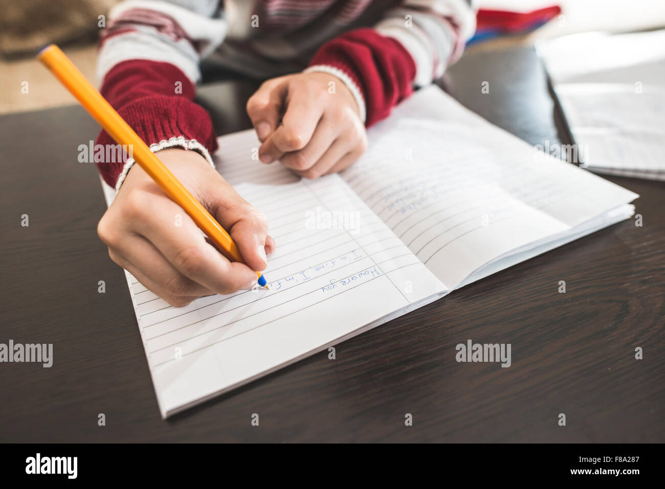 Child write in a notebook. Close up hand and pen Stock Photo