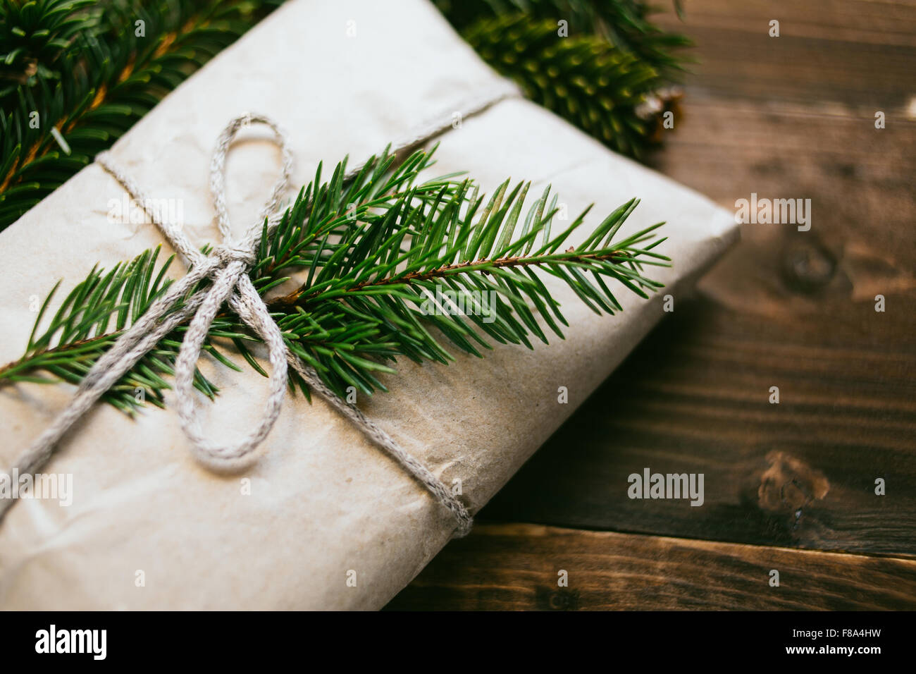 Wrapped gift with fur-tree branch Stock Photo