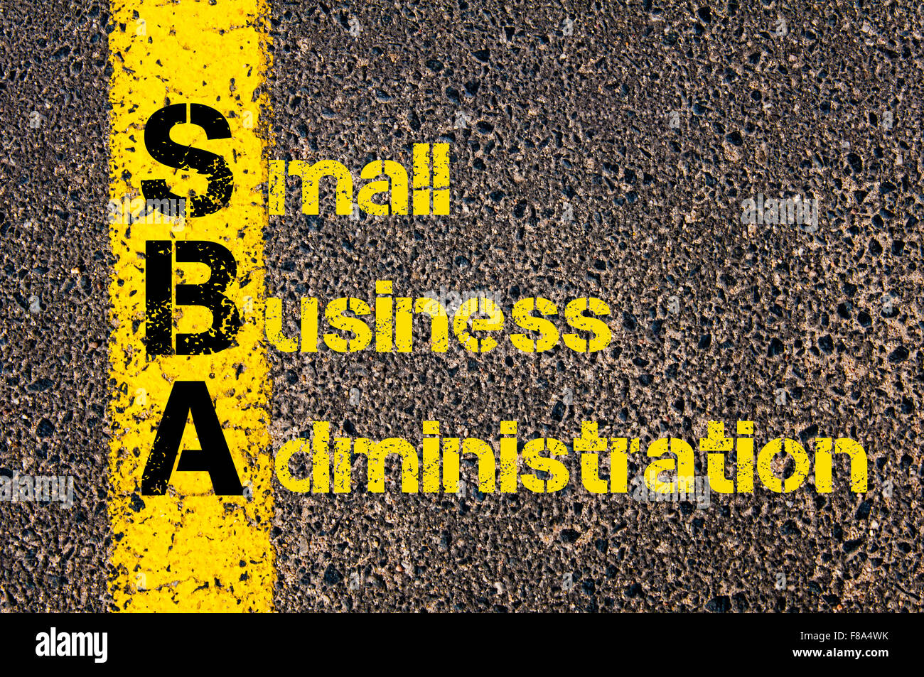 Concept image of Accounting Business Acronym SBA Small Business Administration written over road marking yellow paint line. Stock Photo