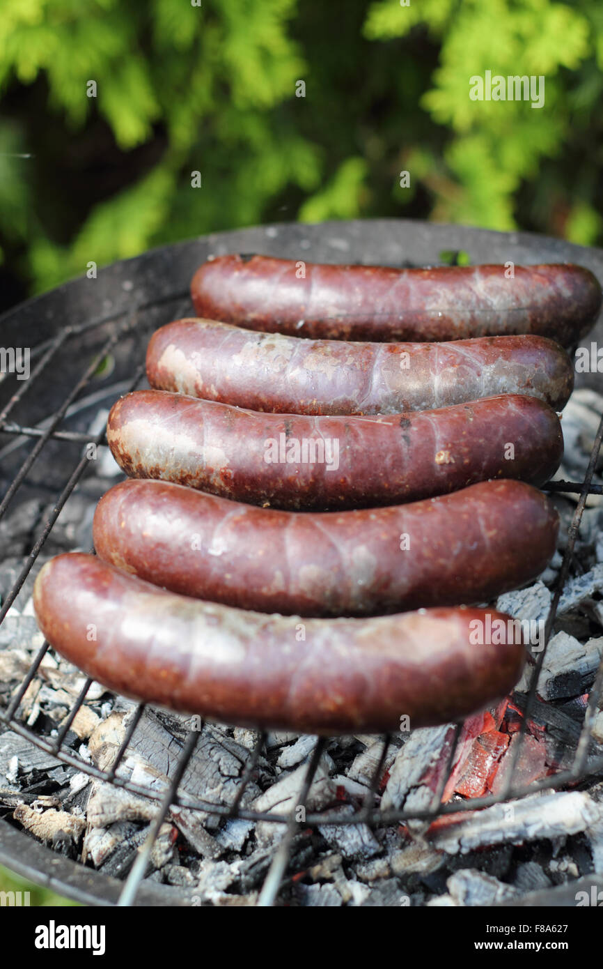 Grilling Blood Sausages on barbecue grill Stock Photo Alamy