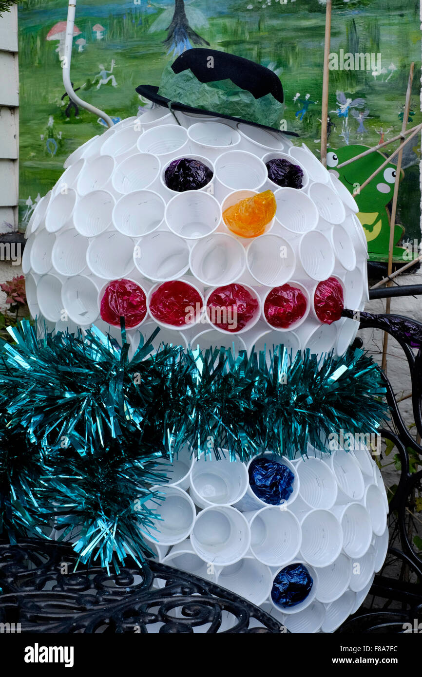 Christmas Garden Snowman Decoration Made From Plastic Cups Stock