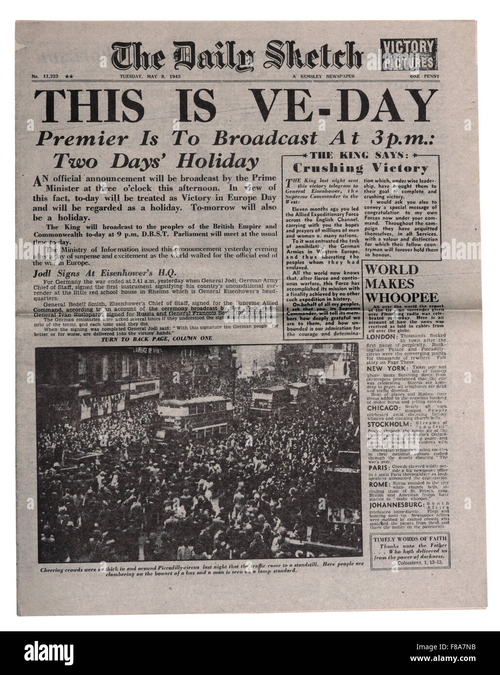 A reproduction newspaper the Daily Sketch with the headlines that WW2 is over VE day Stock Photo