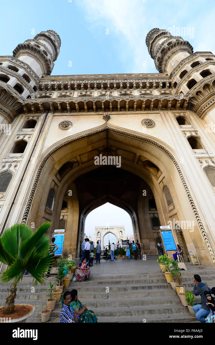 The beautiful Charminar monument and the bustling markets around it. Stock Photo
