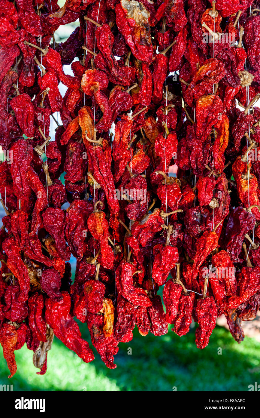 Chili Peppers Hanging Out To Dry, Marmaris, Turkey Stock Photo