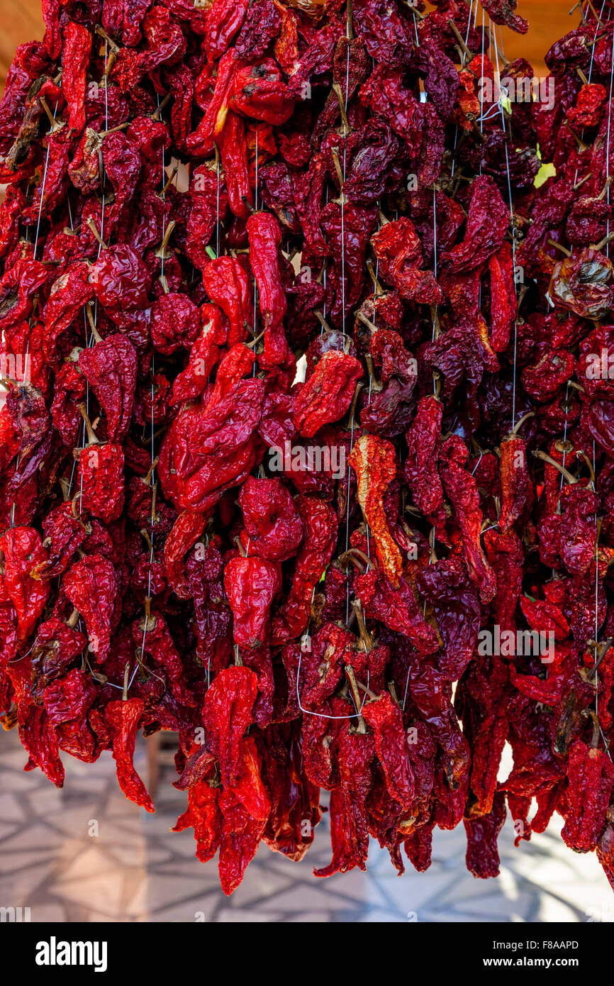 Chili Peppers Hanging Out To Dry, Marmaris, Turkey Stock Photo