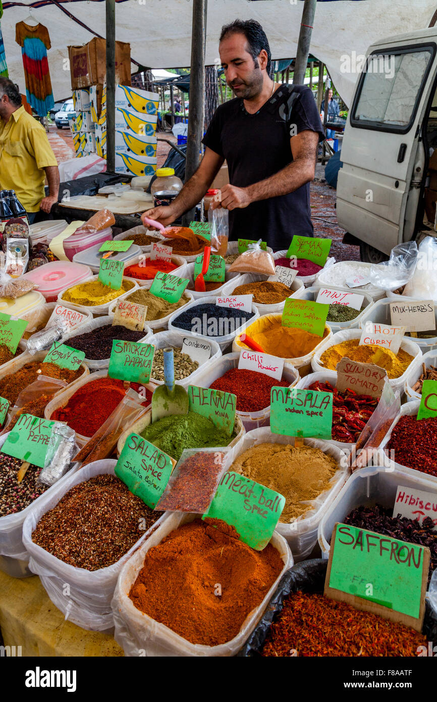 Spices For Sale At The Weekly Market In Icmeler, Mugla Province, Turkey Stock Photo