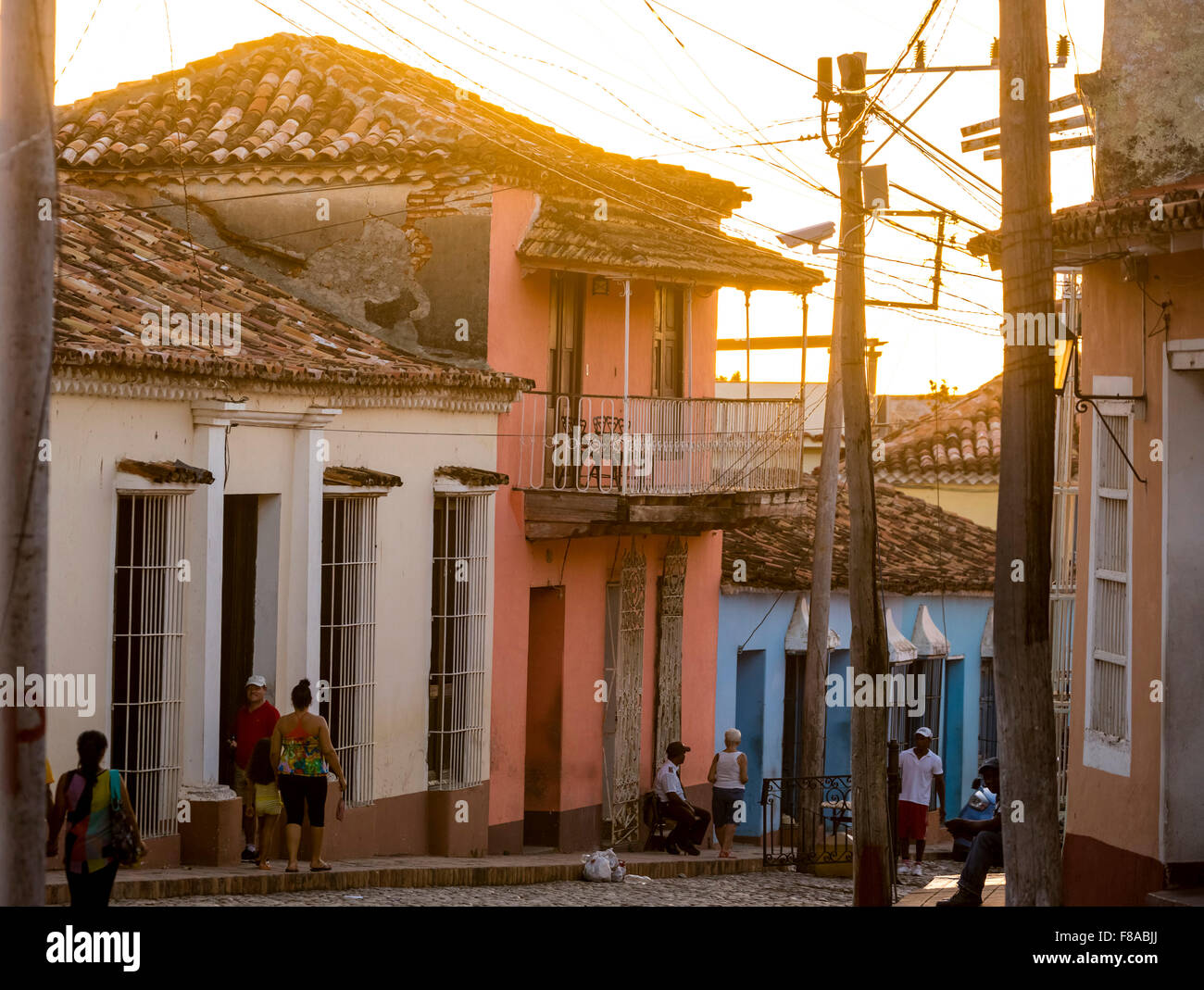 Trinidad, power lines, cable chaos chaotic electrical installations, street life, street scene with overhead electrical cables, Stock Photo