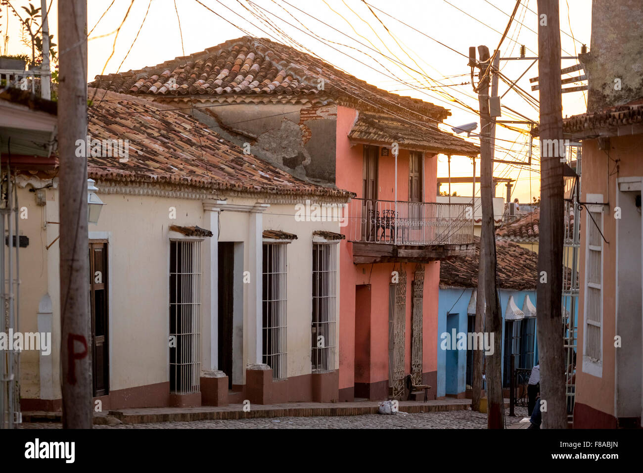 empty street, street scene with electric overhead lines in Trinidad, cable, Trinidad, Cuba, Sancti Spíritus, North America Stock Photo