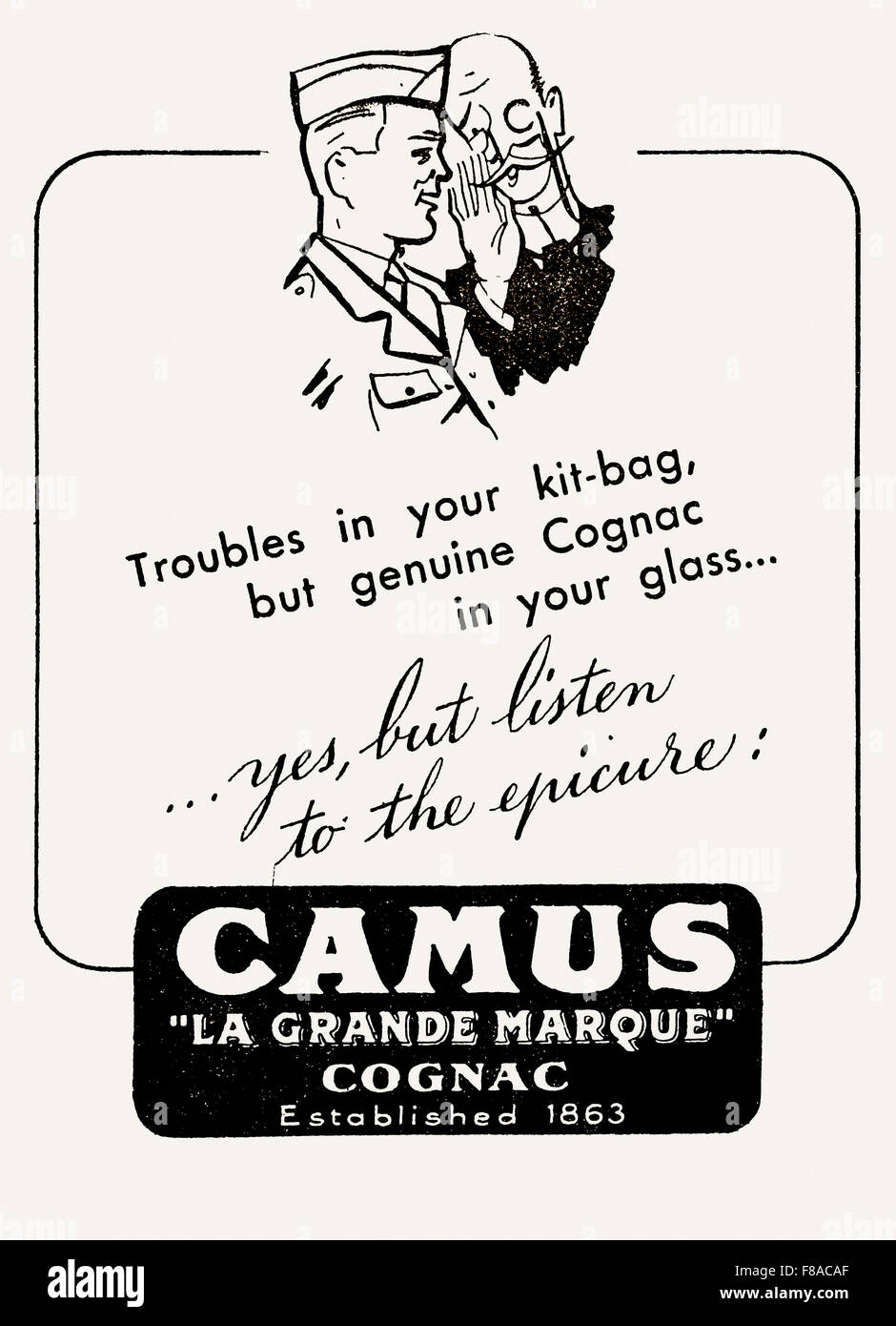 1945 WW II French advertisement for Camus Cognac  given out to American soldiers in Paris, France Stock Photo