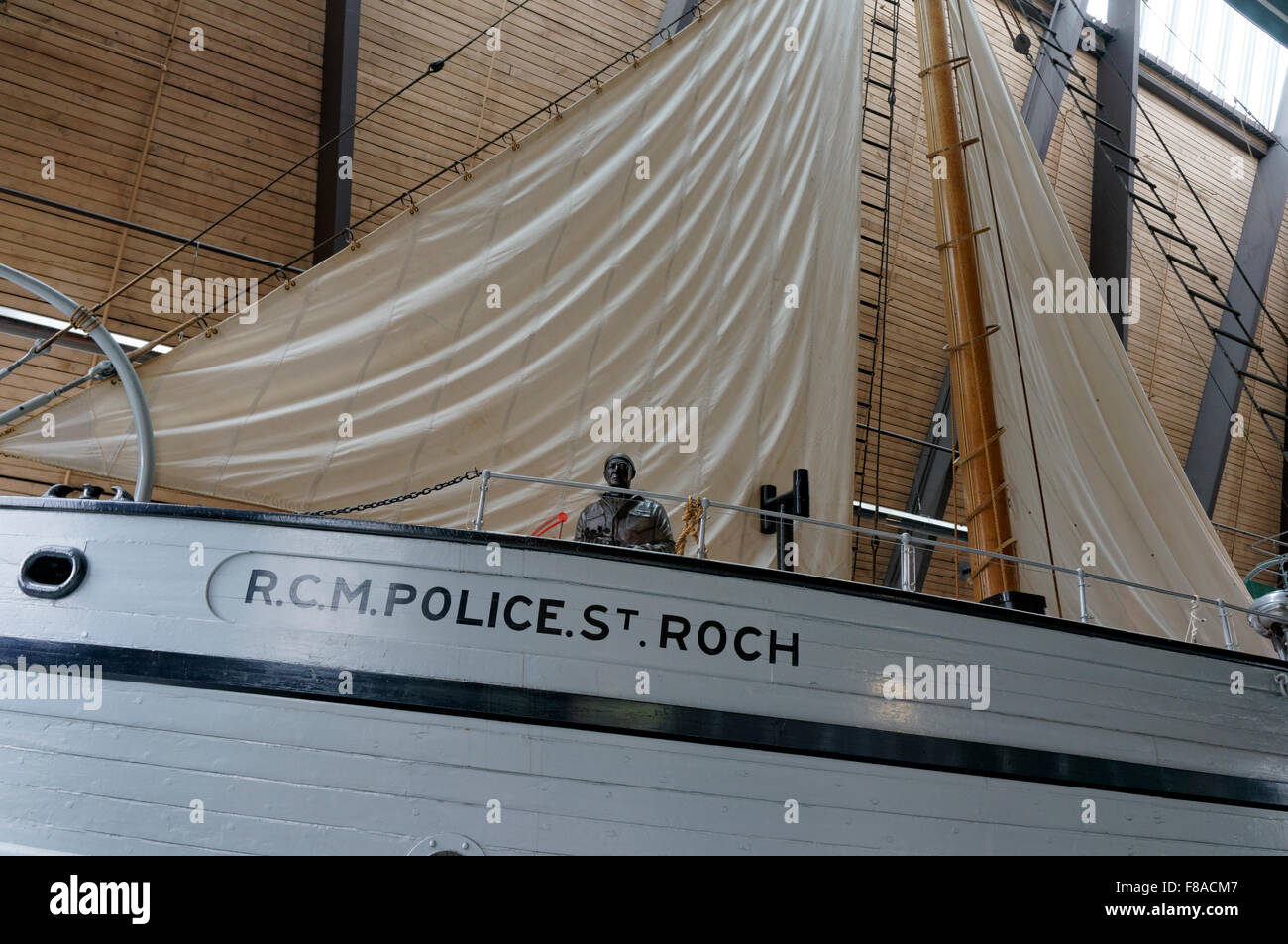 Captain Henry Larsen statue on deck of RCMP St. Roch schooner, Vancouver Maritime Museum, Vancouver, BC, Canada Stock Photo