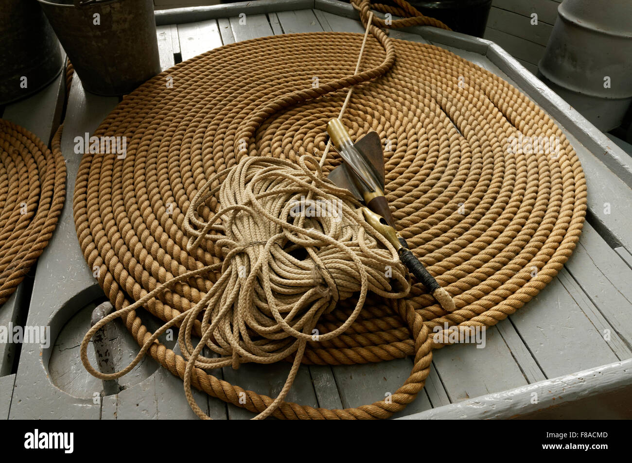 Coiled ropes and log on deck of RCMP St. Roch schooner, Vancouver Maritime Museum, Vancouver, BC, Canada Stock Photo
