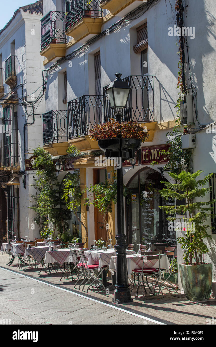 Outside a typical Spanish restaurant in Old Marbella in Spain Stock