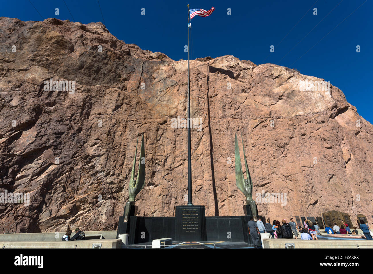 Hoover Dam miner memorial and winged Figures of the Republic against rocky background - Boulder City, NV Stock Photo