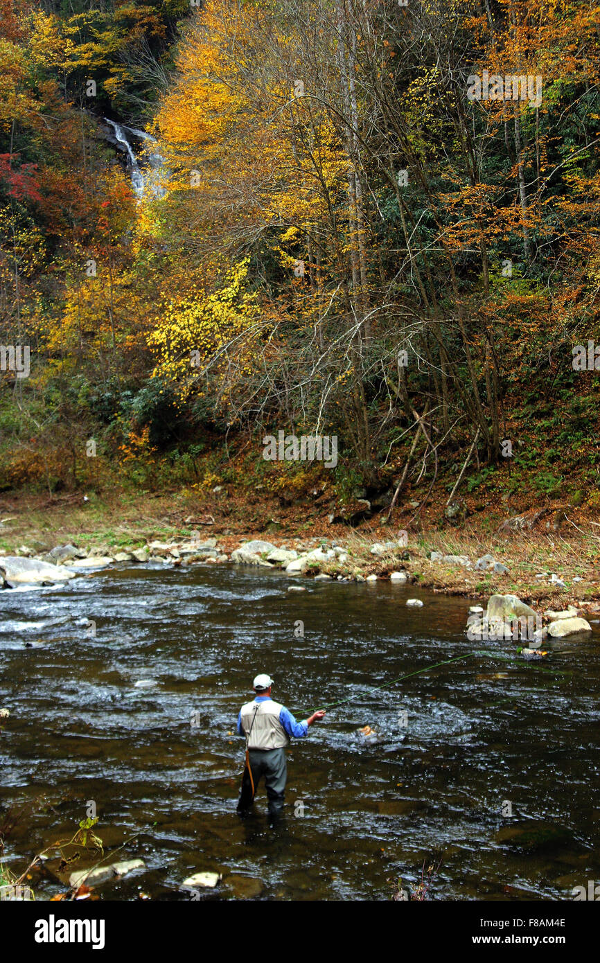 Fly fishing for trout on the Nantahala River in North Carolina Stock