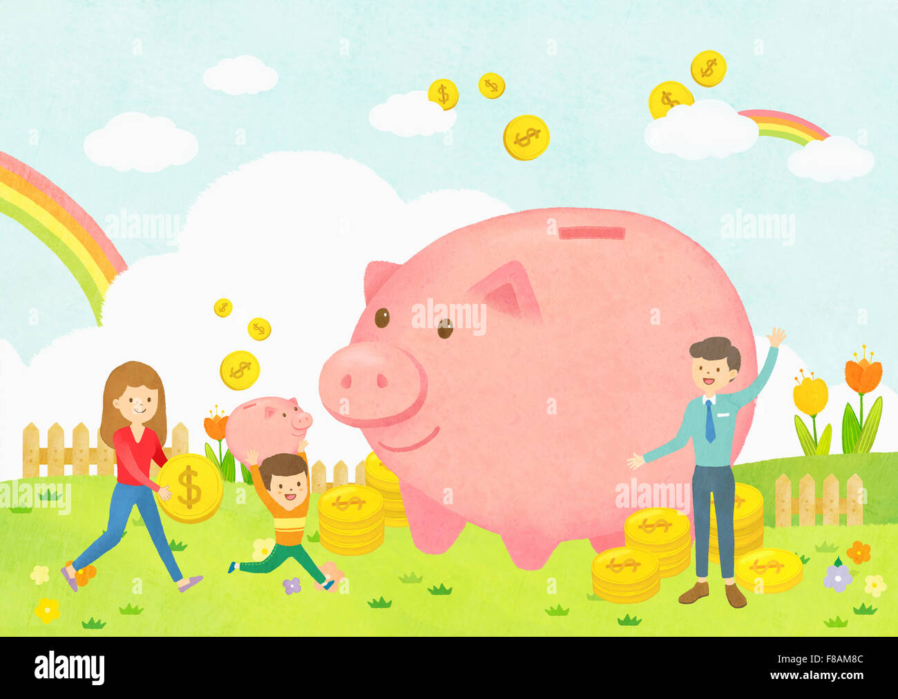 Happy family with coins and a big piggy bank against rainbow and clouds ...