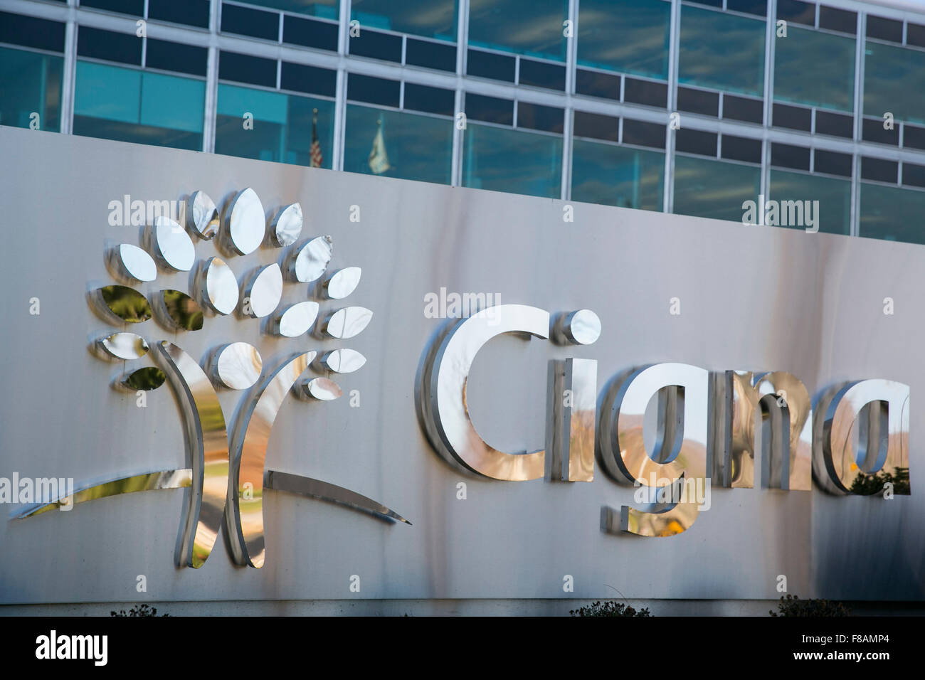A logo sign outside of the headquarters of health insurer Cigna in Bloomfield, Connecticut on November 21, 2015. Stock Photo