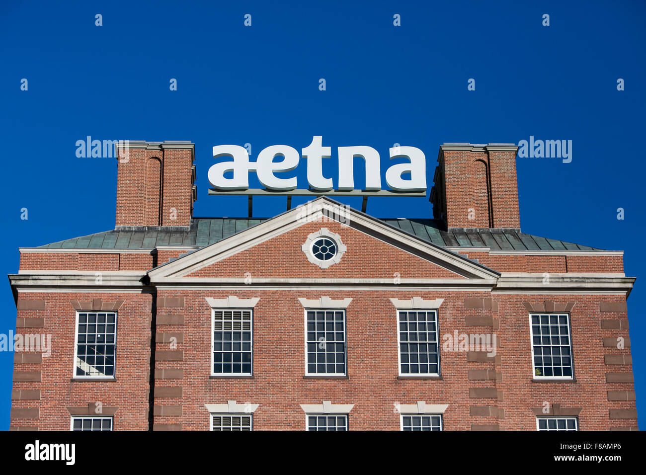 A logo sign outside of the headquarters of Aetna, Inc., in Hartford
