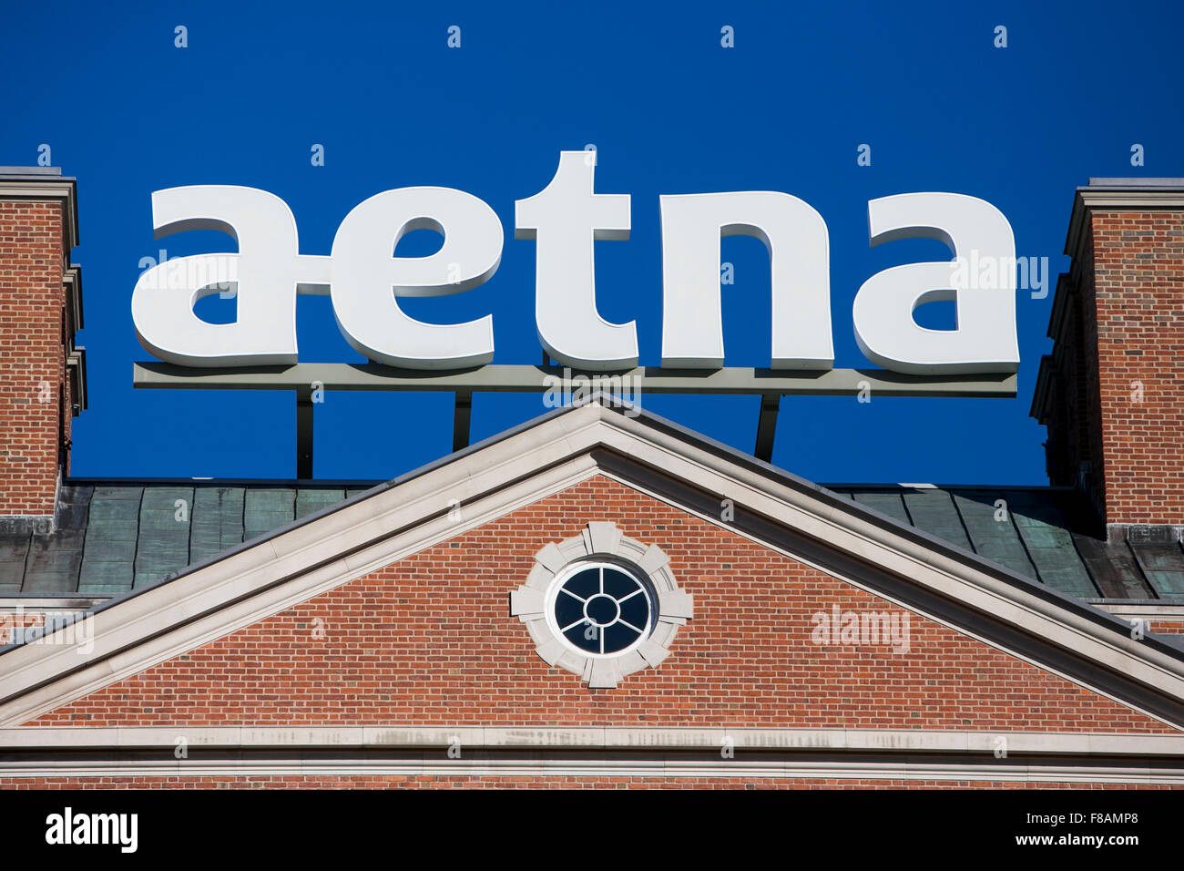 A logo sign outside of the headquarters of Aetna, Inc., in Hartford