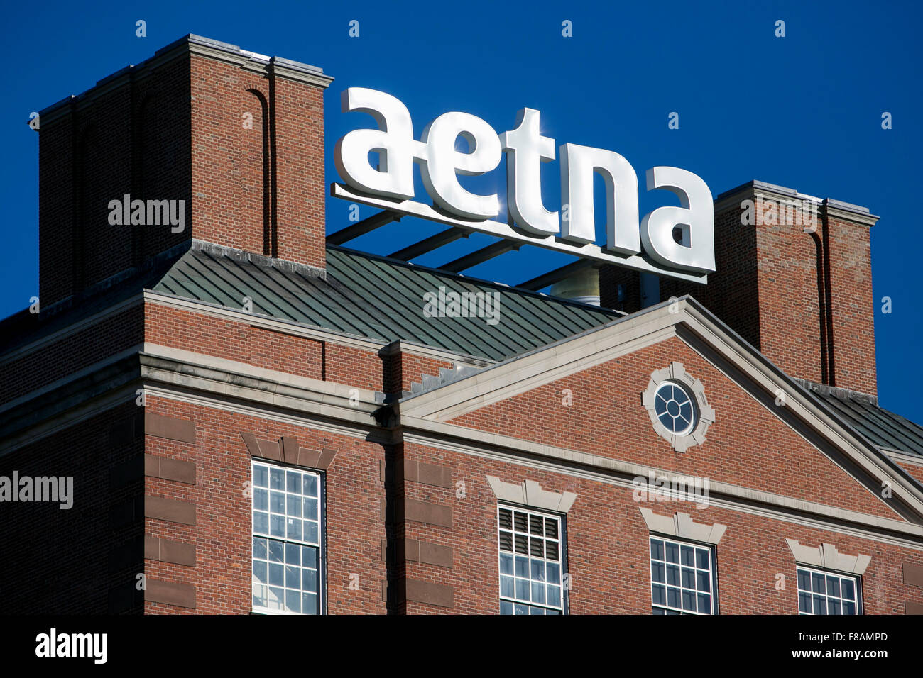 A logo sign outside of the headquarters of Aetna, Inc., in Hartford, Connecticut on November 21