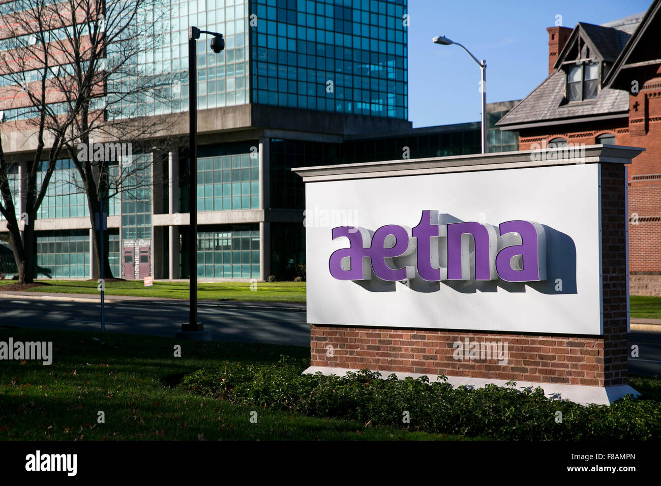 A logo sign outside of the headquarters of Aetna, Inc., in Hartford
