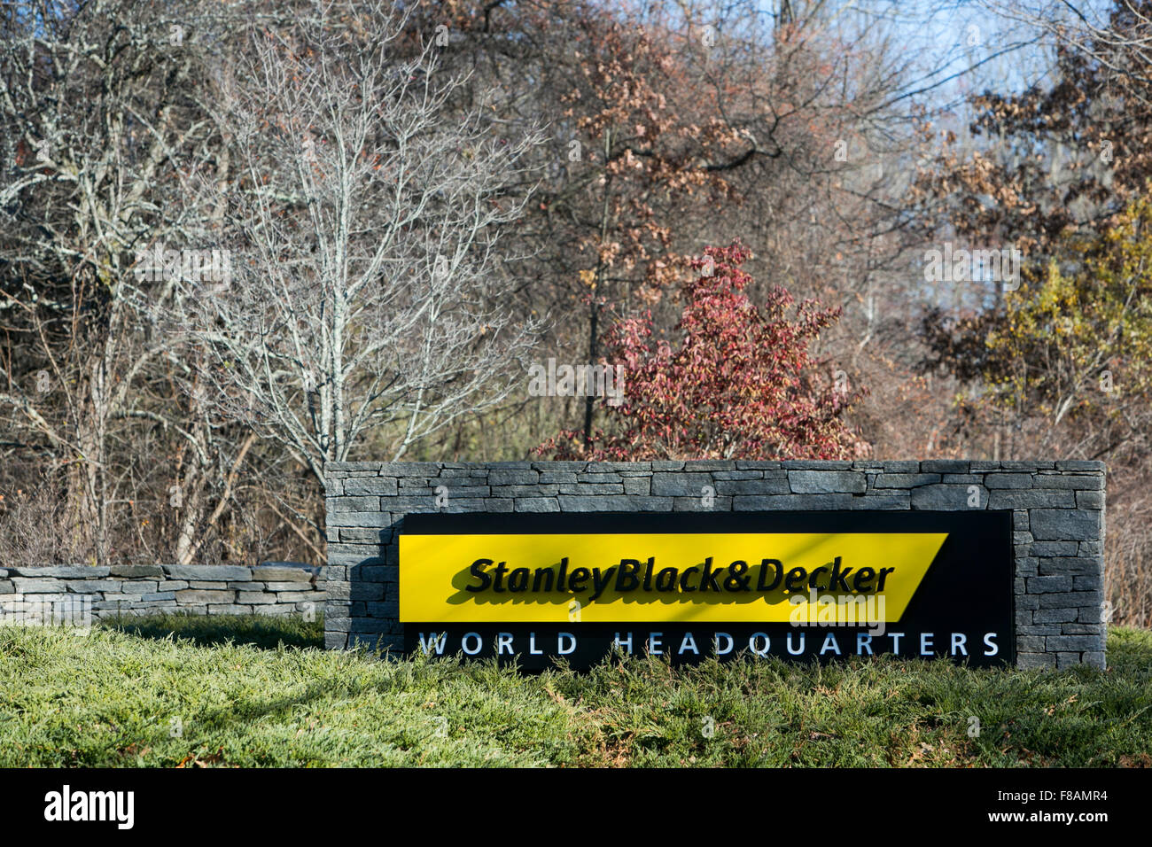 A logo sign outside of the headquarters of Stanley Black & Decker, Inc., in New Britain, Connecticut on November 21, 2015. Stock Photo