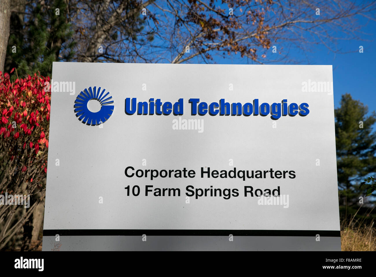 A logo sign outside of the headquarters of the United Technologies Corporation in Farmington, Connecticut on November 21, 2015. Stock Photo