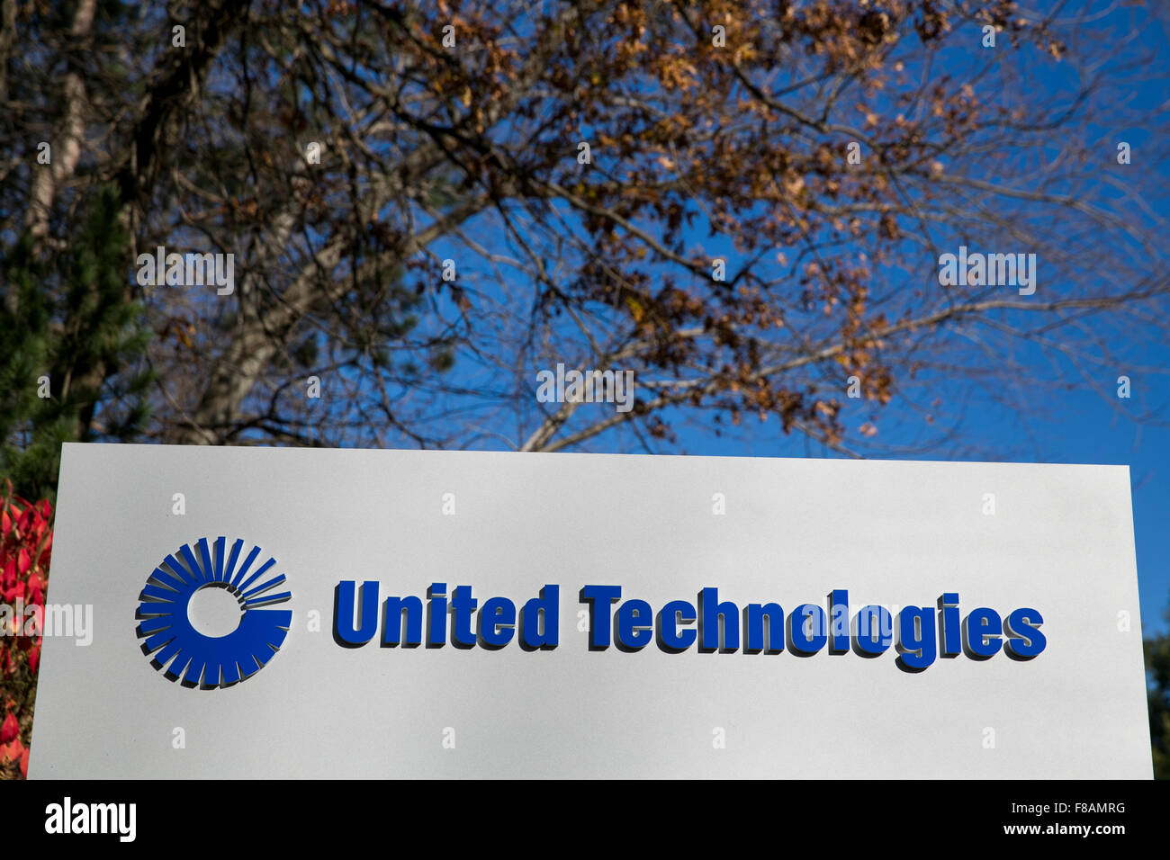 A logo sign outside of the headquarters of the United Technologies Corporation in Farmington, Connecticut on November 21, 2015. Stock Photo