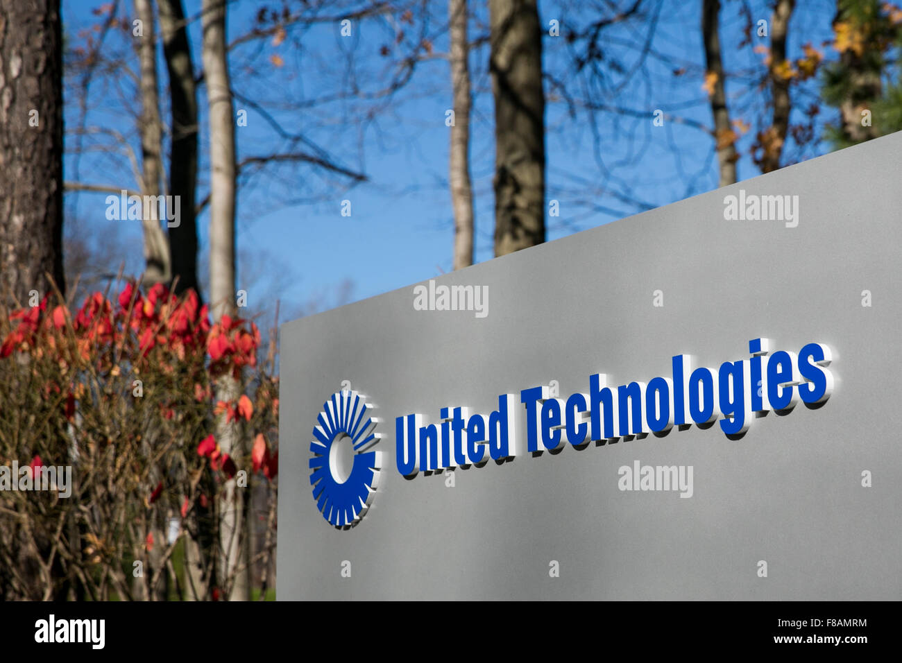 A logo sign outside of the headquarters of the United Technologies Corporation in Farmington, Connecticut on November 21, 2015. Stock Photo