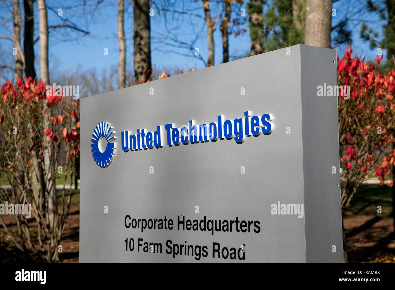 A logo sign outside of the headquarters of the United Technologies Corporation in Farmington, Connecticut on November 21, 2015. Stock Photo