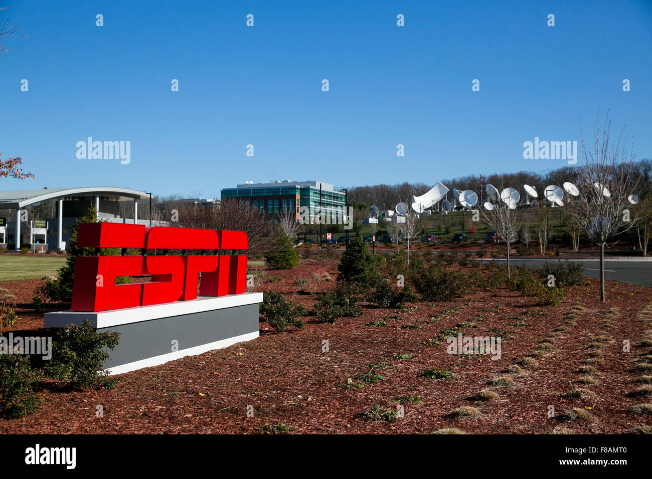 A logo sign outside of the headquarters of ESPN in Bristol, Connecticut