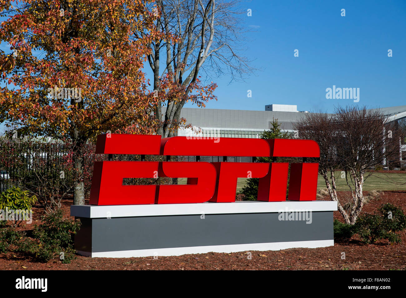A logo sign outside of the headquarters of ESPN in Bristol, Connecticut
