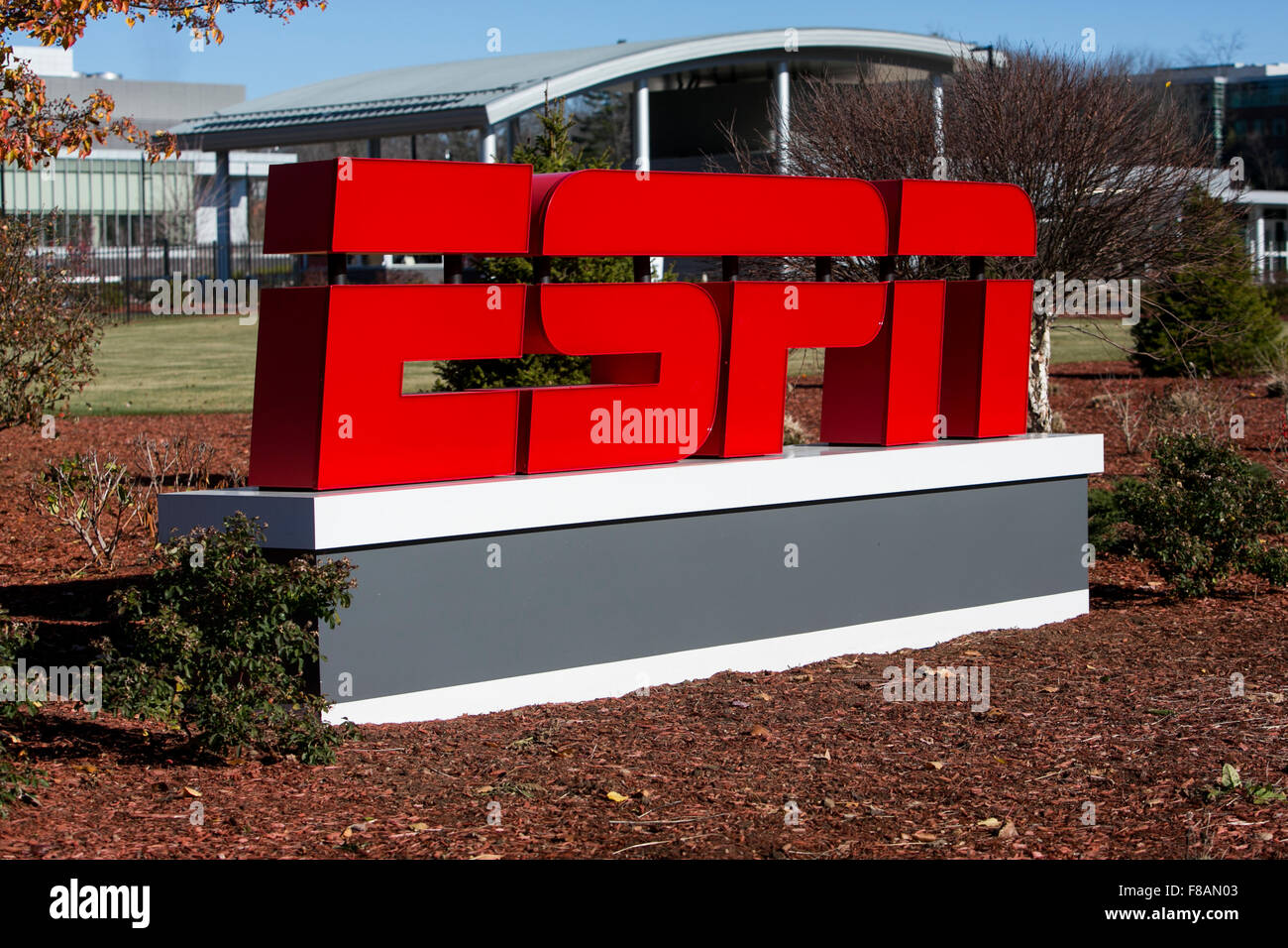 A logo sign outside of the headquarters of ESPN in Bristol, Connecticut