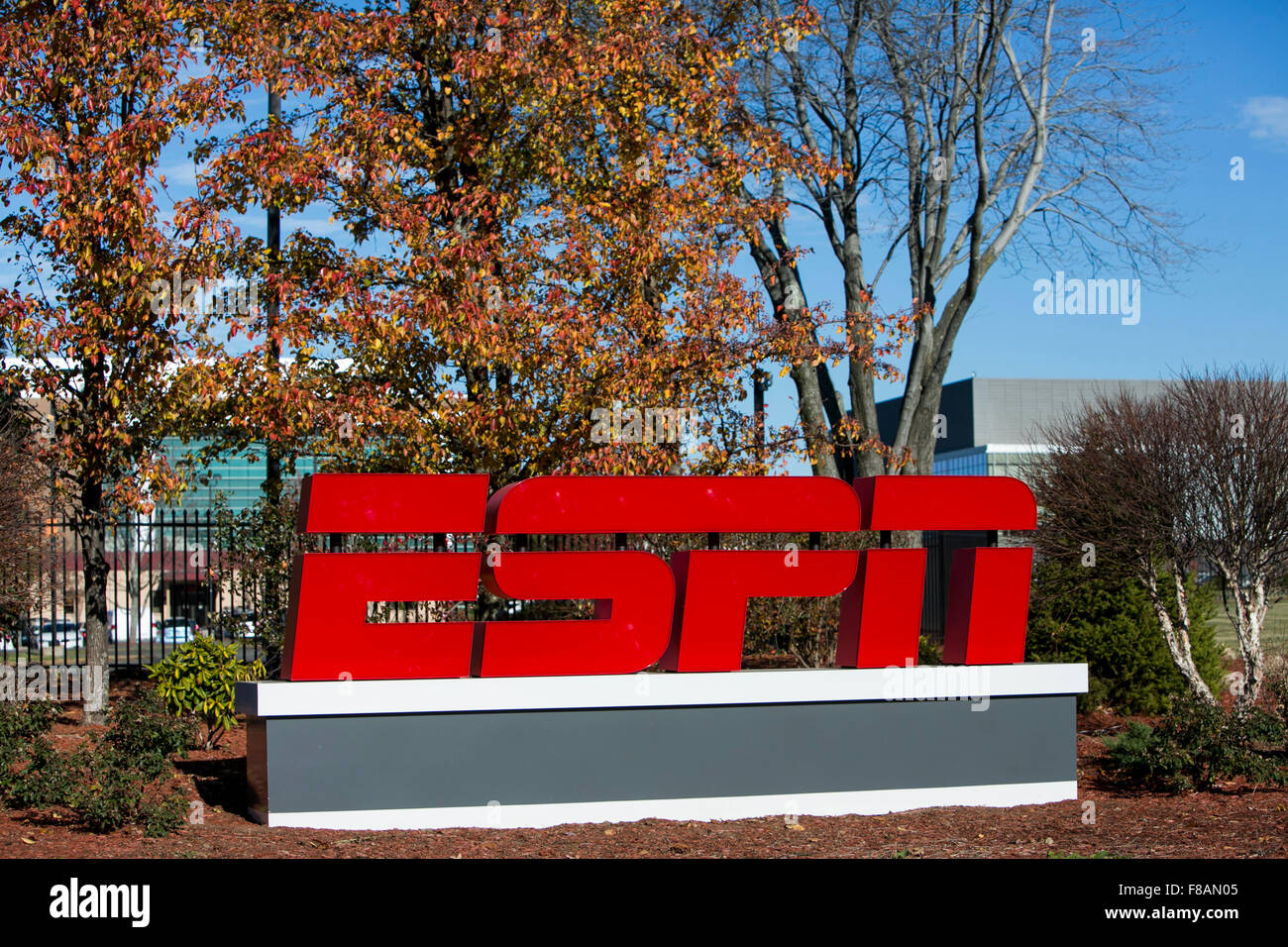 A logo sign outside of the headquarters of ESPN in Bristol, Connecticut