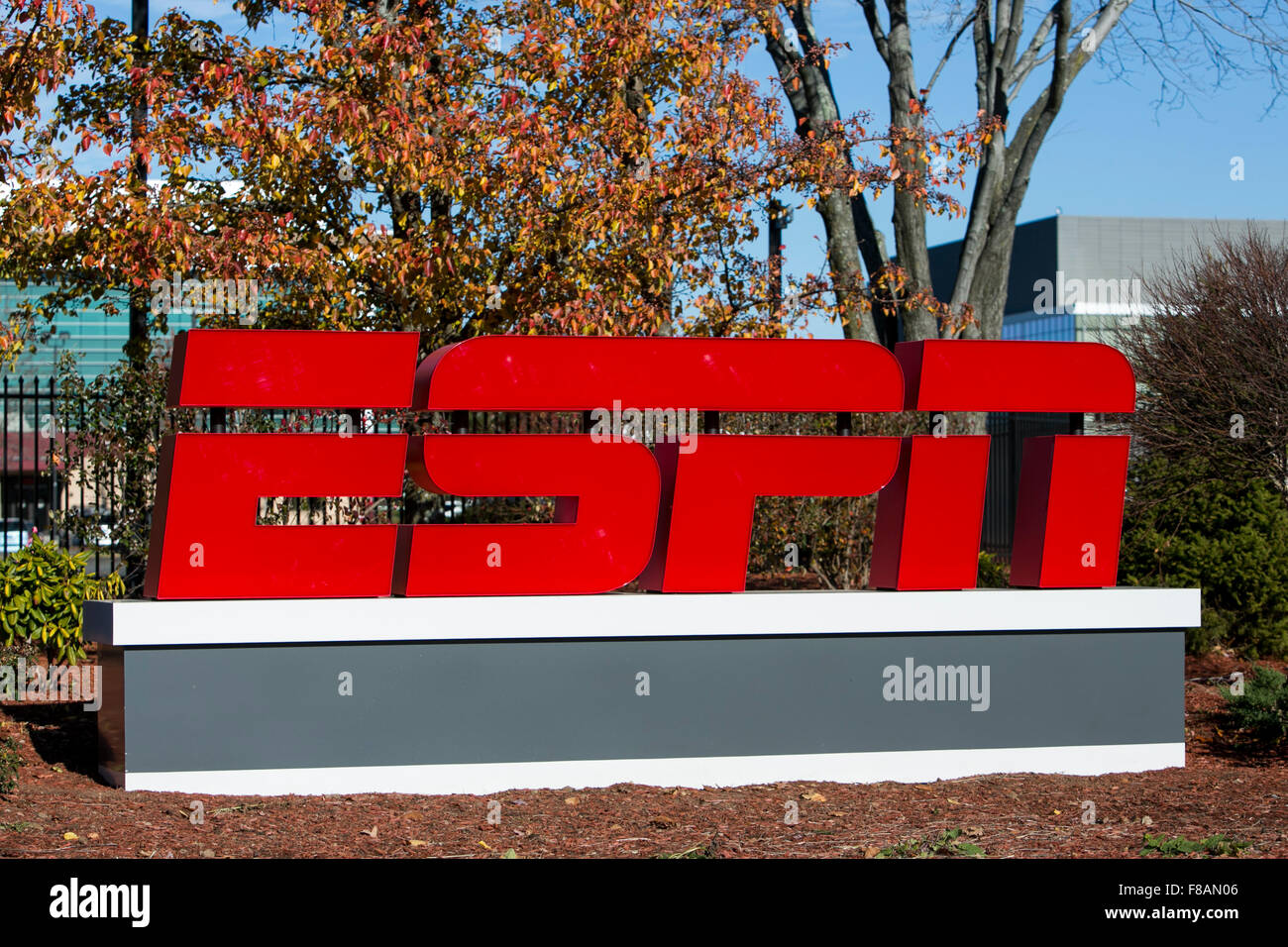 A logo sign outside of the headquarters of ESPN in Bristol, Connecticut