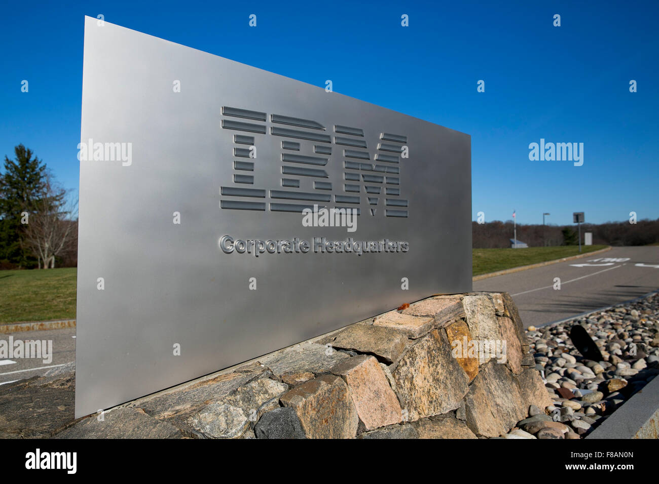 A logo sign outside of the headquarters of IBM in Armonk, New York on