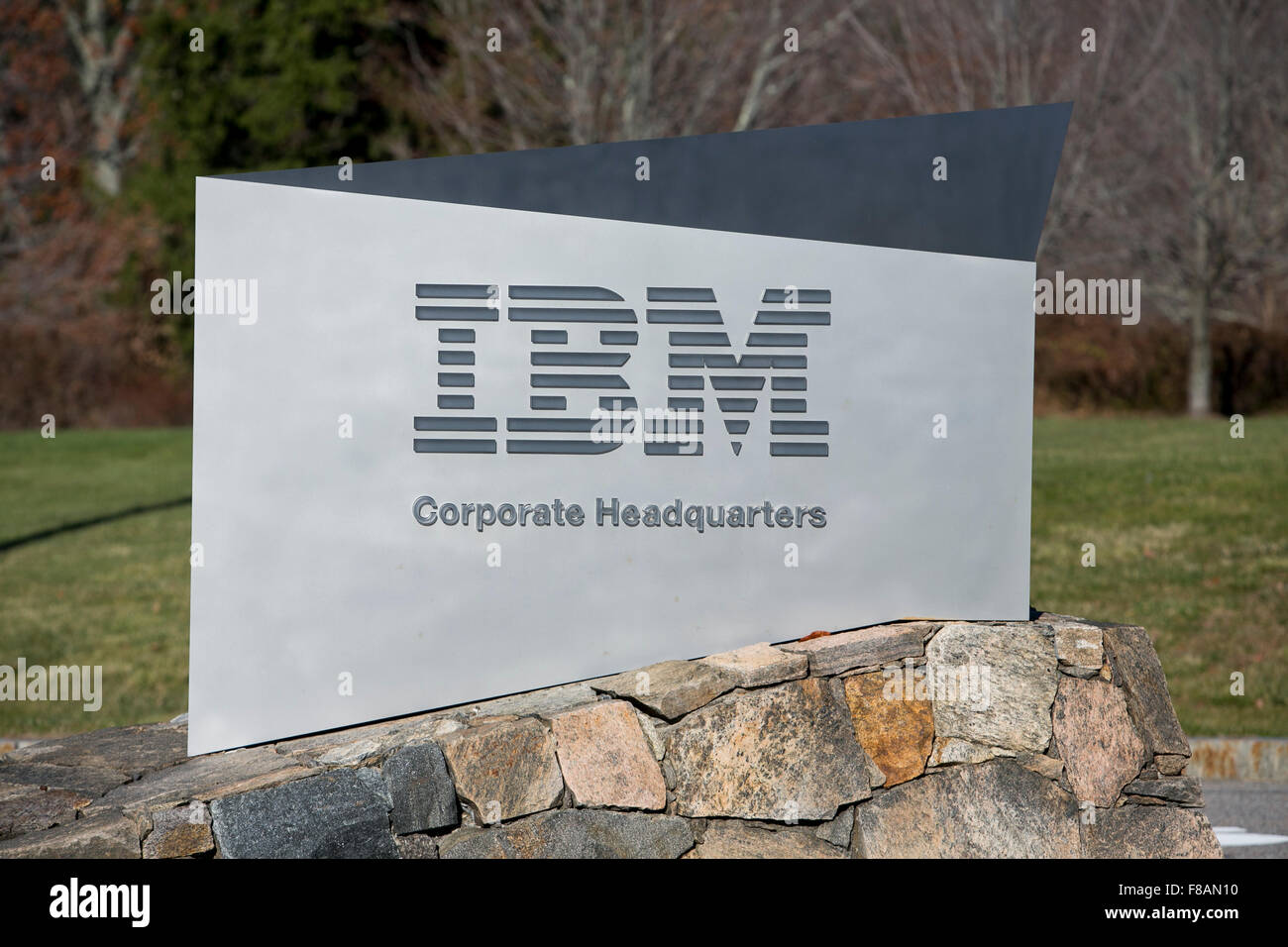 A logo sign outside of the headquarters of IBM in Armonk, New York on
