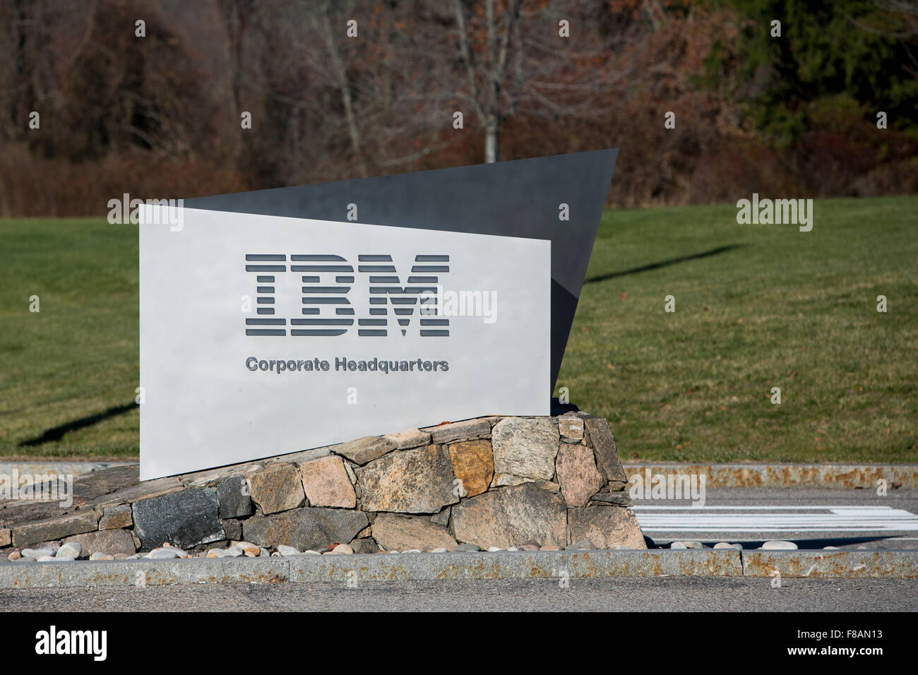 A logo sign outside of the headquarters of IBM in Armonk, New York on