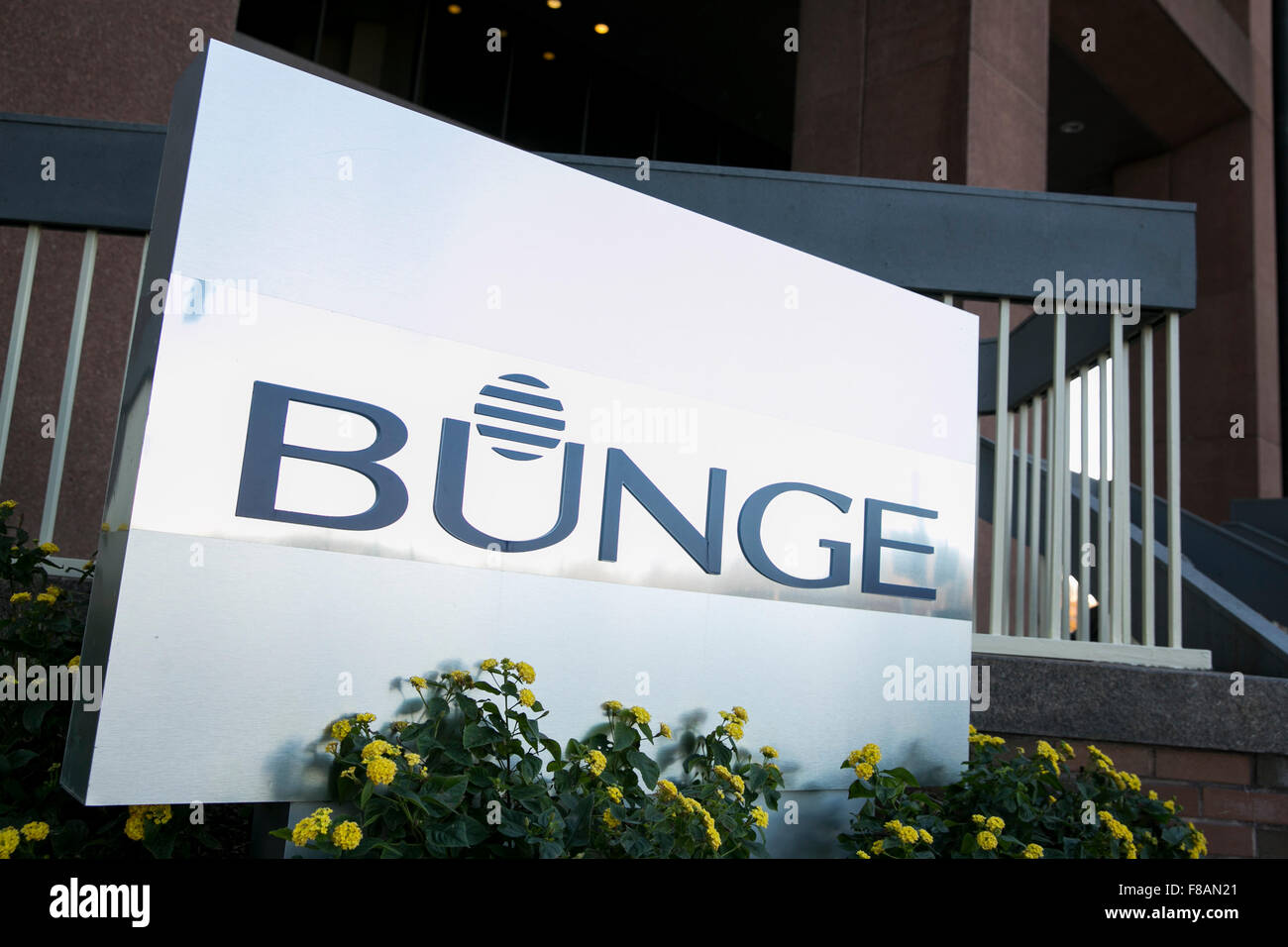 A logo sign outside of the headquarters of Bunge Limited in White ...