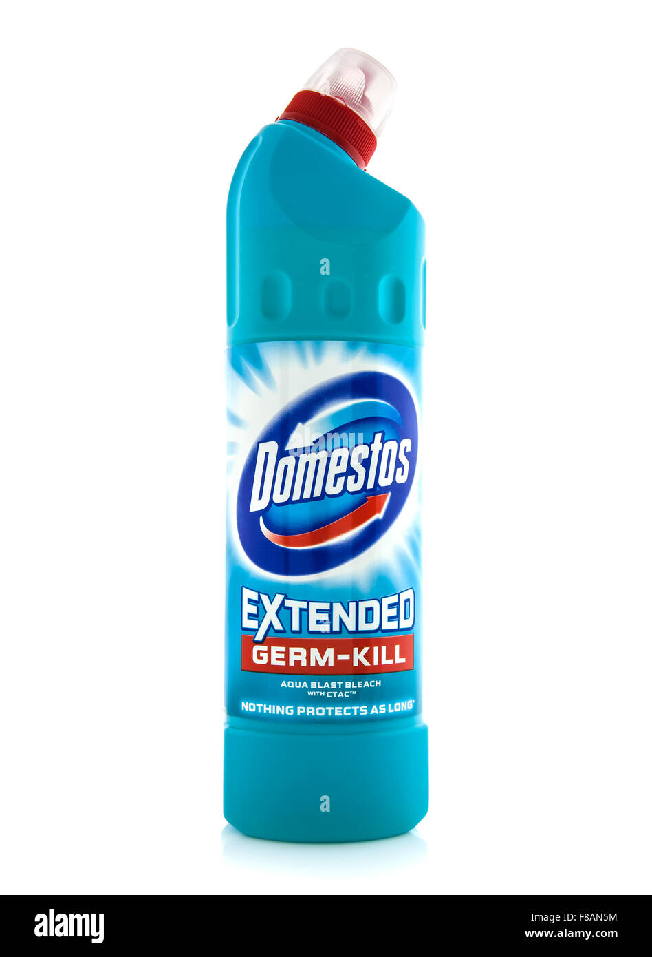 Domestos Bleach on a white background, Domestos is a household cleaning range which contains  bleach Stock Photo