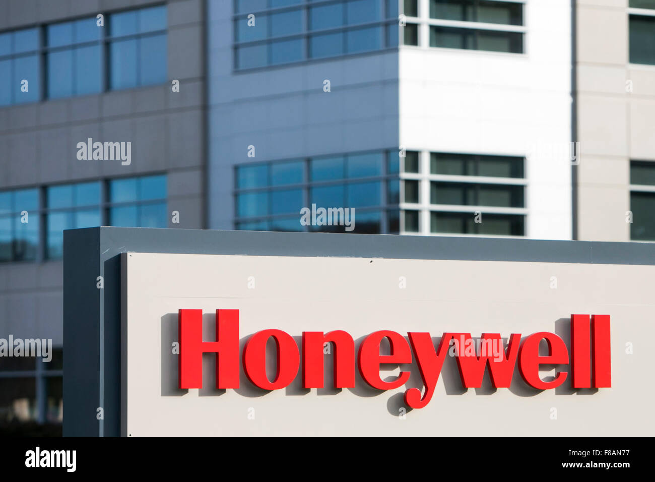 A logo sign outside of the new headquarters building of Honeywell