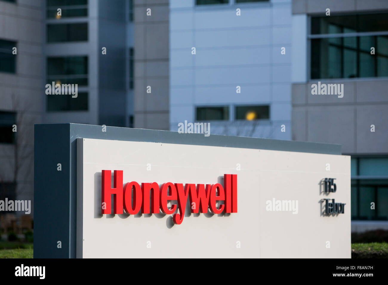 A logo sign outside of the new headquarters building of Honeywell