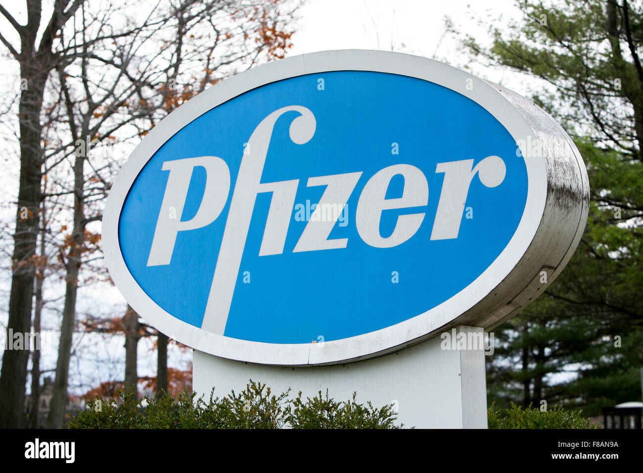 A logo sign outside of a facility occupied by Pfizer, Inc., in Parsippany, New Jersey on November 22, 2015. Stock Photo